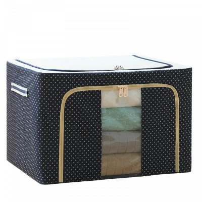 Cutie de depozitare pliabila, flippy, cu fermoar, 66 l, textil, 50 x 40 x 33 cm, cadru metalic, suport baza stabil din plastic, imprimeu buline, albas foto