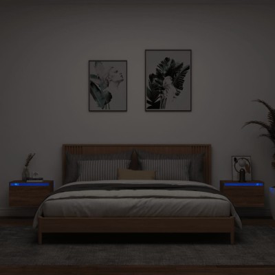 Gossi noptiere montate pe perete cu lumini led, 2 buc., stejar maro foto