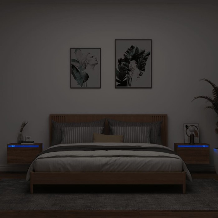 Gossi noptiere montate pe perete cu lumini led, 2 buc., stejar maro