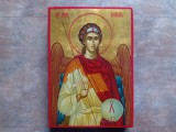 Icoană pictată manual pe lemn, Sf&acirc;ntul Arhanghel Mihail, stil neo-bizantin, dimensiuni 30x21 cm