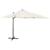 Umbrelă &icirc;n consolă cu st&acirc;lp și LED-uri, nisipiu, 250 cm