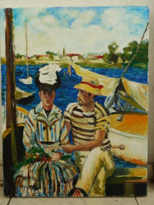 P17. Tablou ulei pe panza, Reproducere dupa Manet - In port, 45x35cm neinramat foto