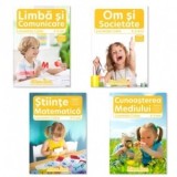 Set 4 caiete, A4 grupa mijlocie 4-5 ani: 1. Domeniul Om si Societate; 2. Domeniul Stiinte: Cunoasterea mediului; 3. Domeniul Stiinte: Matematica; 4. D