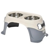 Castron, bol, pentru caine, dublu, suport inaltat, inox si plastic, gri si bej, 47x20x25 cm, ART