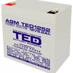 Acumulator 12V, TED Electric High Rate, Dimensiuni 90 x 70 x 98 mm, Baterie 12V 5.2Ah F2