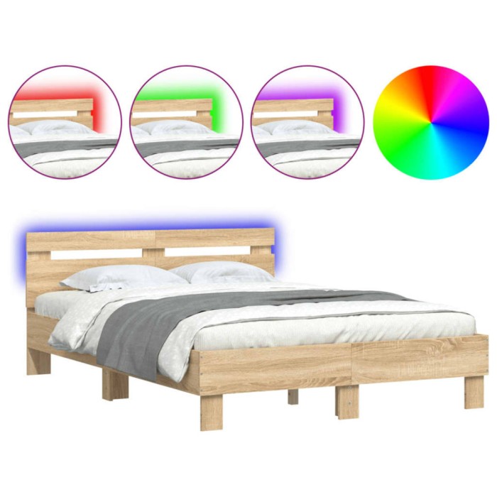 Cadru de pat cu tablie si LED, stejar sonoma, 135x190 cm