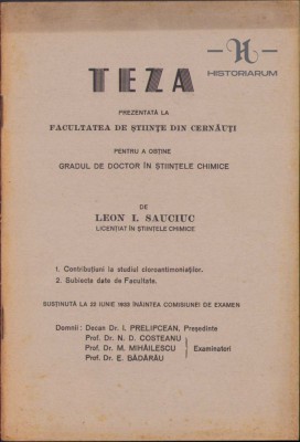 HST C66 Teza doctorat chimie 1933 Cernauti Leon Sauciuc foto