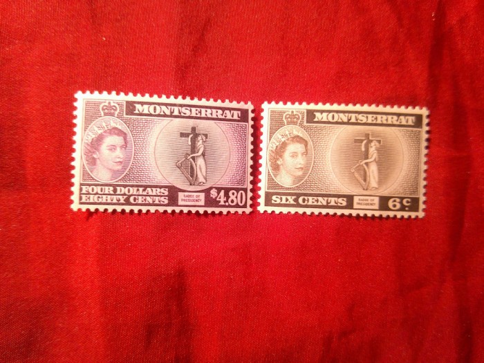 2 Timbre Montserrat colonie britanica 1958 Elisabeta II si motive locale : 4,8 $ si 6c