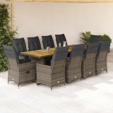Set bistro de grădină cu perne, 11 piese, gri, poliratan
