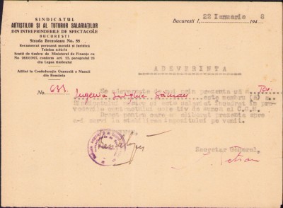 HST A1457 Adeverință 1948 Eugenia Serghie Găman Sindicatul Artiștilor București foto