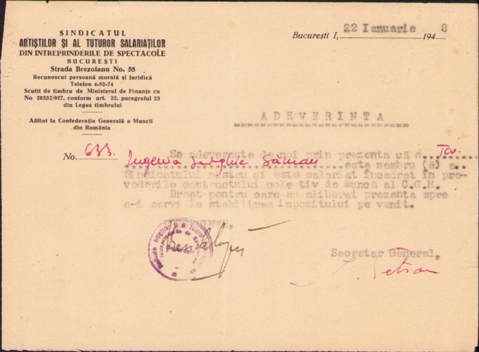 HST A1457 Adeverință 1948 Eugenia Serghie Găman Sindicatul Artiștilor București