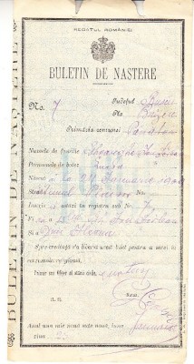 QW13 12 - 1909 - Buletin de nastere - Regatul Romaniei foto