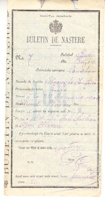 M3 C18 - 1909 - Buletin de nastere - Regatul Romaniei foto