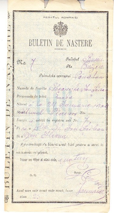 M3 C18 - 1909 - Buletin de nastere - Regatul Romaniei