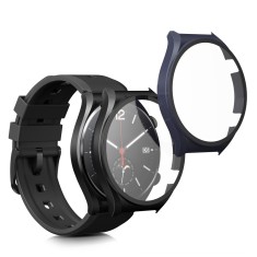 Set 2 Huse Kwmobile cu sticla securizata pentru Xiaomi Watch S1, Negru/Albastru inchis, Plastic, KWM000015ES003C