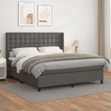 vidaXL Pat box spring cu saltea, gri, 160x200 cm, piele ecologică
