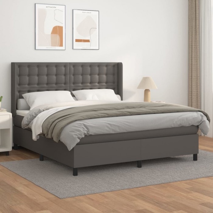 vidaXL Pat box spring cu saltea, gri, 160x200 cm, piele ecologică 3132511