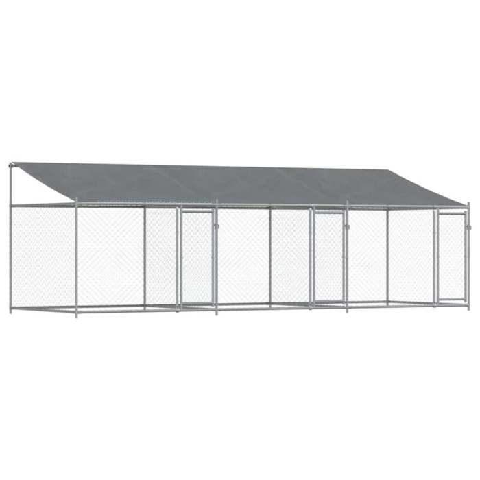 Cusca caini cu acoperis si usi, gri, 6x2x2 m, otel galvanizat