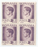 **Romania, LP 187/1945, Uzuale - Mihai I, hartie alba, bloc de 4, eroare 3, MNH, Nestampilat