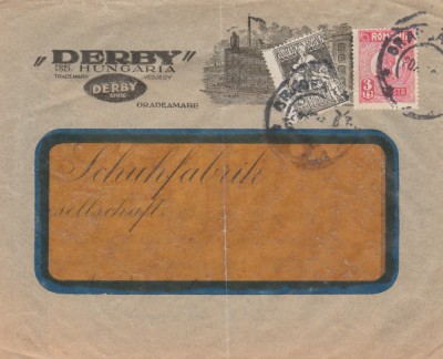 1926 Romania - Plic cu antet Fabrica de ghete DERBY SHOE Oradea Mare foto