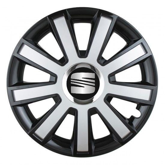 Set 4 capace roti Silver/black cu inel cromat R14 pentru gama auto Seat