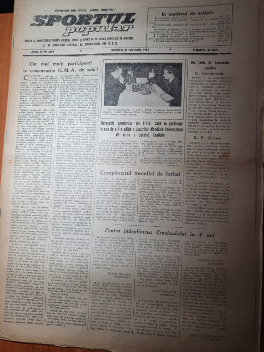 sportul popular 21 februarie 1953-schi,tenis de masa,atletism,fotbal,sah