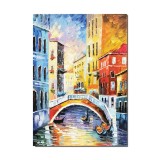 Tablou pictat manual, Peisaj venetian cu gondole, 70x50cm ulei pe panza, Superb