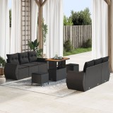 Set de canapea de gradina Gossi cu 9 piese si perne, negru, din ratan poliester si lemn de acacia, set de dining de gradina Gossi cu 3 piese si perne,