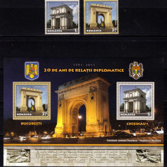 RO 2011 LP 1918+a "20 ani relatii dipl. Romania-Moldova " , serie+ colita ,MNH