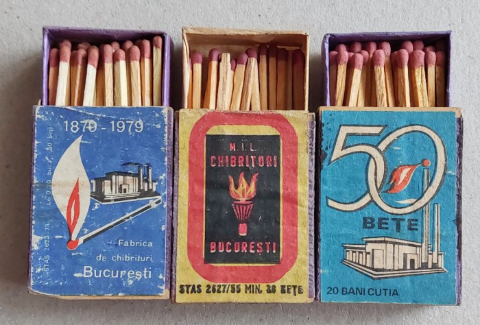 Fabrica de chibrituri Bucuresti - lot 3 cutii chibrituri romanesti, anii 55-79