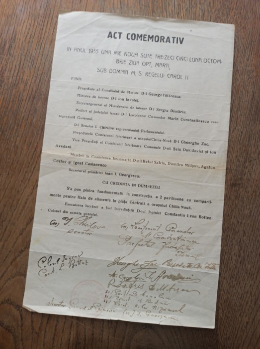 ORAS CHILIA NOUA 1935 - ACT COMEMORATIV, CONSTRUCTIE DOUA PAVILIOANE PENTRU HALA DE ALIMENTE, IN PIATA CENTRALA
