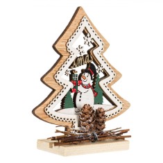 Decorațiune Crăciun, Model Brad Cu Om De Zăpadă, Lemn, 14 cm, Multicolor