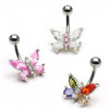 Piercing pentru buric realizat din oțel inoxidabil, fluture colorat din zirconiu - Culoare zirconiu piercing: Transparent &ndash; Roz
