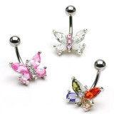 Piercing pentru buric realizat din oțel inoxidabil, fluture colorat din zirconiu - Culoare zirconiu piercing: Roz - Transparent
