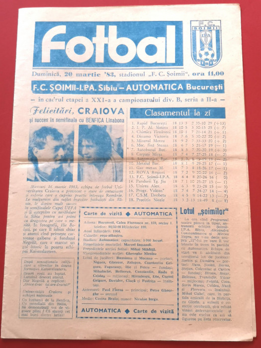 Program meci fotbal FC &quot;SOIMII&quot; IPA SIBIU - AUTOMATICA BUCURESTI (20.03.1983)