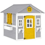 Outsunny Căsuță pentru Copii din Lemn, Exterior și Interior, cu Ușă, Ferestre, Jardiniere și Suporturi pentru Flori, Gri | Aosom Romania