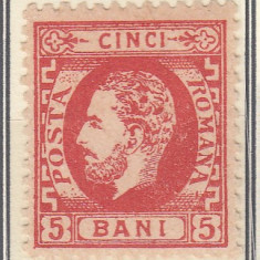 ROMANIA 1872 LP 35 REGELE CAROL I CU BARBA 5 BANI CARMIN PE HARTIE GALBUIE T3