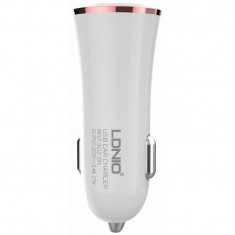 Incarcator Auto cu cablu Lightning Ldnio DL-C28, 2 X USB, 3.4A, Alb