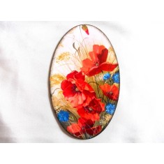 Tablou cu flori de maci rosii si cu albastrele, tablou oval pe lemn 41792