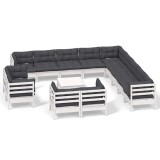 Cumpara ieftin Set mobilier gradina cu perne, 14 piese, alb, lemn masiv pin
