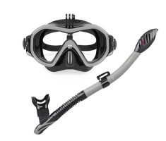 Set scuba diving si snorkeling Aloma AM105 format din masca si tub, lentila unica extinsa, prindere GoPro, negru