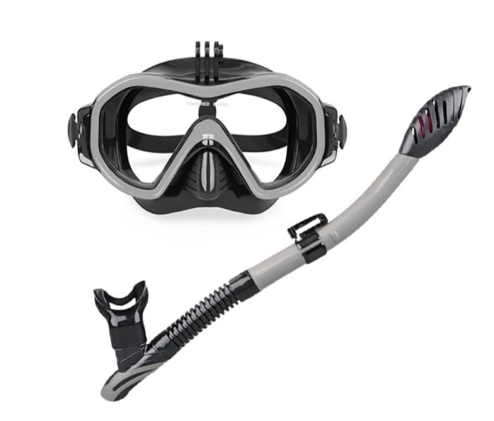 Set scuba diving si snorkeling Aloma AM105 format din masca si tub, lentila unica extinsa, prindere GoPro, negru