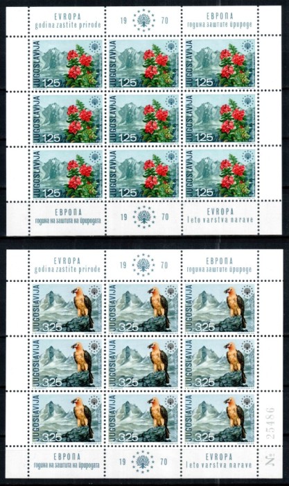Iugoslavia Yugoslavia 1970, Mi #1406-1407 Klb, minicoli, EUROPA, flora, fauna, flori, pasari, MNH, cota 150 &euro;!