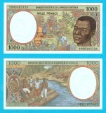 Republica Centafricana (pick 302F) 1000 Francs 1999 UNC serie: F 9909382328; Recoltă de cafea