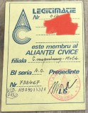ACTE (5) Legitimatie Alianța Civică filiala C&acirc;mpulung-Mold. din 1990, vizată 1991-1992, document istoric post-decembrist de colecție