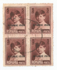 Romania, LP 83n/1930, Mihai I, supratipar, bloc de 4, depl. dant., eroare, obl. foto