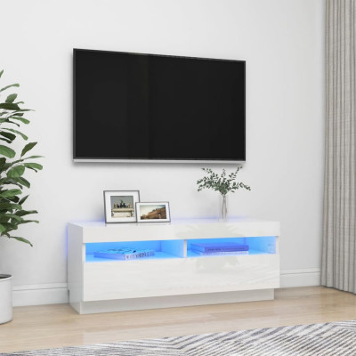 Comodă TV cu lumini LED, alb extralucios, 100x35x40 cm foto