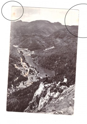 CP Lacul rosu - Vedere de pe Suhardul Mic, RPR, circulata 1965, mici pate foto