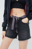 Superdry pantaloni scurti jeans femei, culoarea gri, neted, medium waist