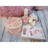 Set Trusou Botez si Lumanare, 9 Piese, cu Lebada, Roz, din Catifea - TB248